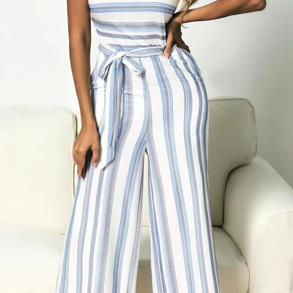 Italian Blue Stripe Jumpsuit with Pockets - Picture 4 of 16